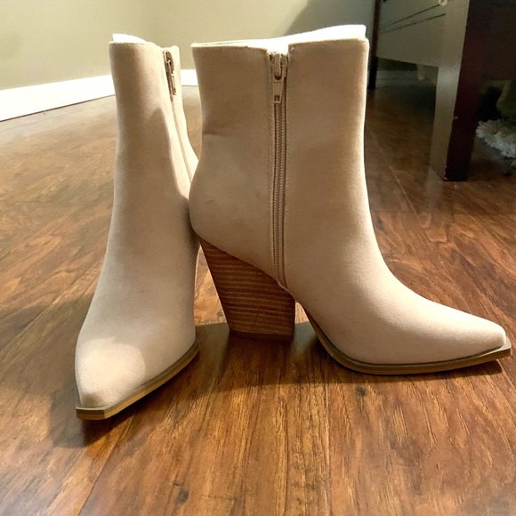 Womens Beige Suede Ankle Booties with Block Heel - Picture 5 of 7